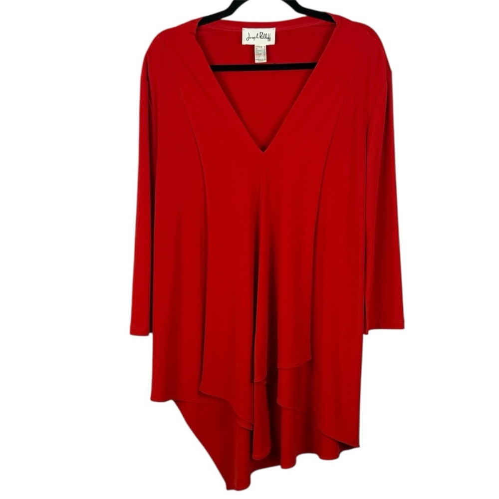 Joseph Ribkoff Asymmetrical Sharkbite Cherry Red V-Neck Draped Tunic Blouse